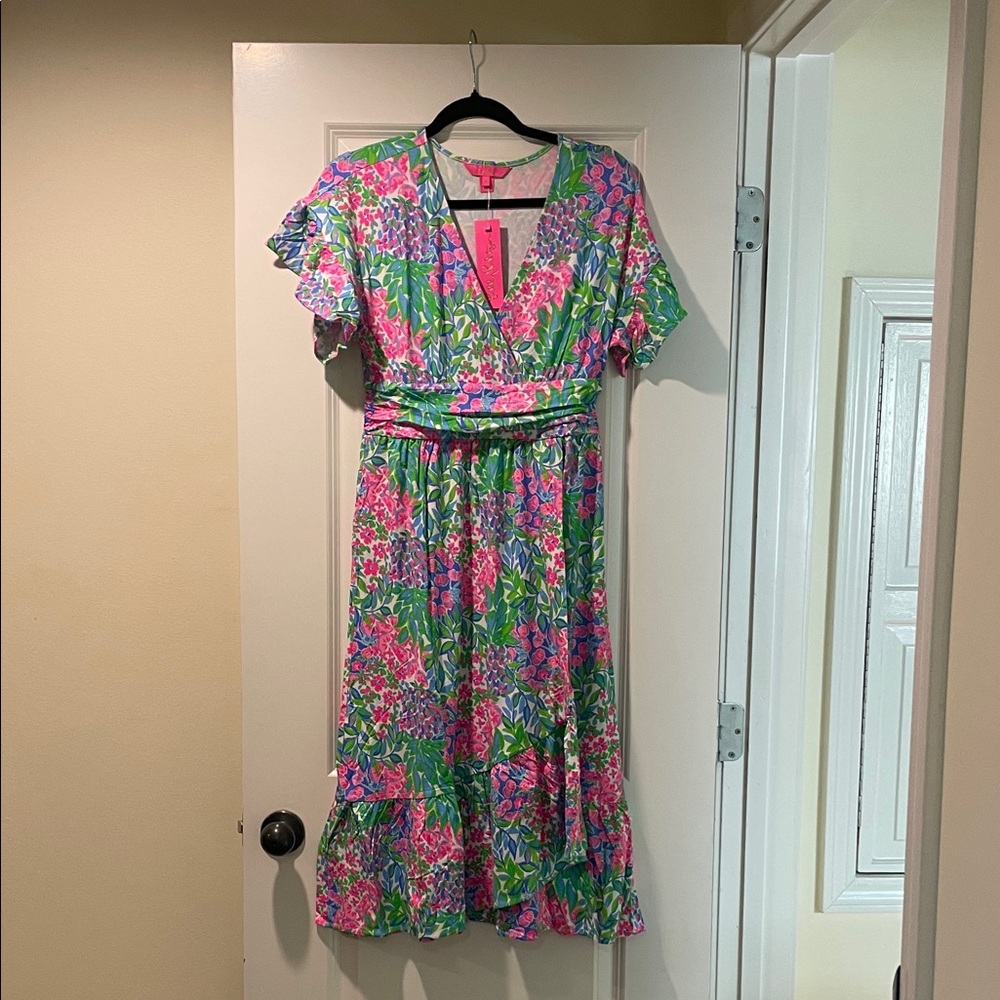 Lilly Pulitzer Pink and Green Floral Midi Dress